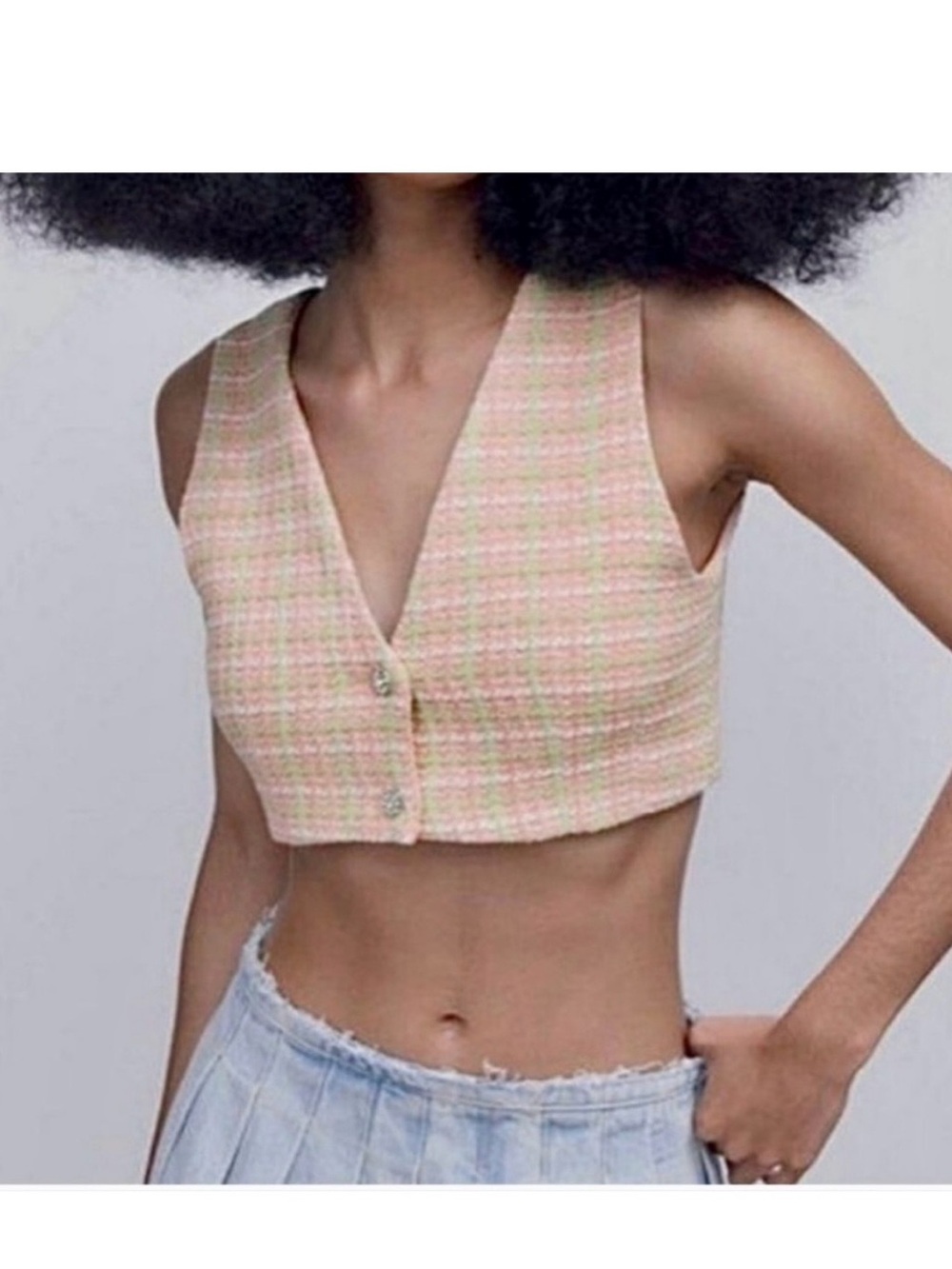 Zara Pastel Tweed Cropped V-Neck Tank Top